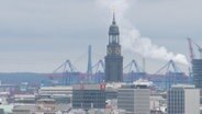 Der Turm des Hamburger Michel, höhere Gebäude in der Umgebung im Vordergrund, im Hintergrund die Kräne des Hafens und eine Rauchsäule eines Schlotes. © Screenshot 