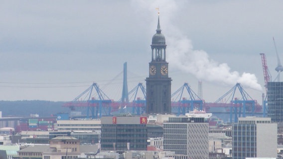 Der Turm des Hamburger Michel, umgeben von höhren Gebäuden, im Hintergrund die Kräne des Hafens und eine Rauchsäule eines Fabrikschlotes. © Screenshot 