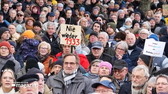 Menschen demonstrieren. Auf einem Schild steht: "Nie wieder 1933". © Screenshot 