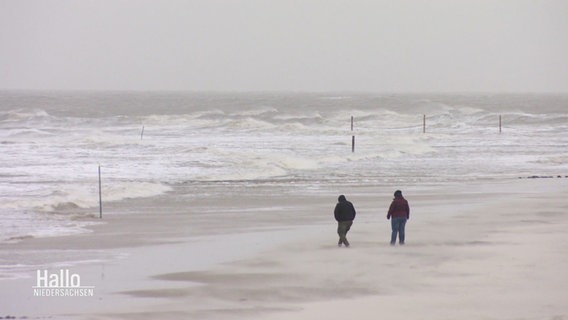 Zwei Menschen spazieren an einem Nordseestrand. © Screenshot 