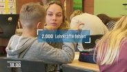 Ein Foto eines Klassenraums. Auf einem digitalem Banner im Vordergund steht: 2000 Lehrkräfte fehlen. © Screenshot 