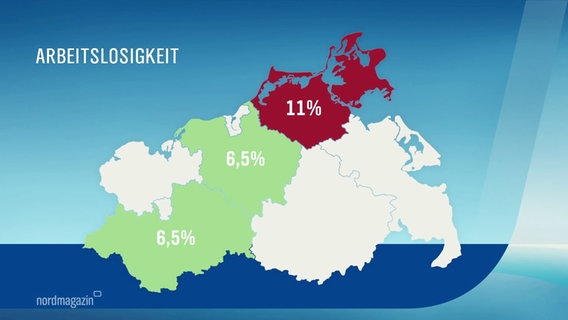 Eine Karte der Arbeitslosenquoten verschiedener Kreise in Mecklenburg-Vorpommern. © Screenshot 