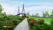 Visualisierung einer Utopie: Eine begrünte Köhlbrandbrücke mit einer parkähnlichen Anlage und den Kränen des Hafens im Hintergrund. (Quelle: Visual Utopias) © Screenshot 