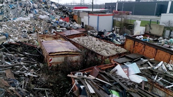 Ein großer Berg von Müll und Schutt, teilweise offene Container mit Bauschutt. © Screenshot 