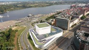 Luftbildaufnahme mit einer Simulation des zukünftigen Neubaus des Volkstheater in Rostock. © Screenshot 