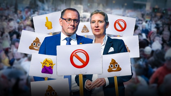 Die AfD-Parteivorsitzenden Tino Chrupalla und Alice Weidel zwischen Protestplakaten mit Emojis. (extra 3 vom 08.02.2024 im Ersten) © NDR 