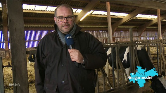 NDR-Reporter Sebastian Duden steht in einem Kuhstall. © Screenshot 