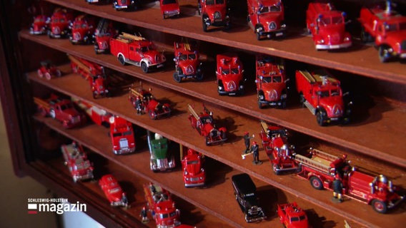 Ein Regal voller historischer Miniatur-Feuerwehrfahrzeuge. © Screenshot 