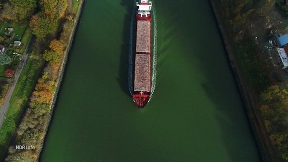 Aus der Vogelperspektive senkrecht von oben zu sehen: Ein Containerschiff auf dem Nord-Ostsee-Kanal. © Screenshot 