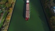 Aus der Vogelperspektive senkrecht von oben zu sehen: Ein Containerschiff auf dem Nord-Ostsee-Kanal. © Screenshot 