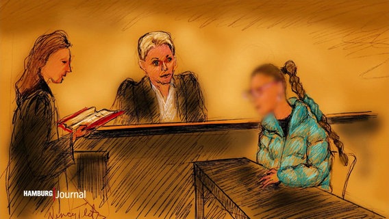 Eine Gerichtszeichnung zeigt die Angeklagte vor Gericht. © Screenshot 