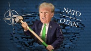 Donald Trump mit einem Vorschlaghammer durchbricht eine Mauer mit NATO-Logo. (extra 3 vom 15.02.2024 im Ersten) © NDR 