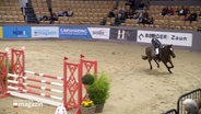 Eine Tournierreiterin reitet auf ein Hindernis zu. © Screenshot 