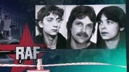 Drei Fahndungsbilder und das Logo der RAF. © Screenshot 