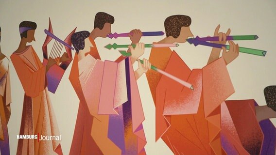 Eine Illustration von Personen in orange-violetten Umhängen, die Musikinstrumente spielen. © Screenshot 