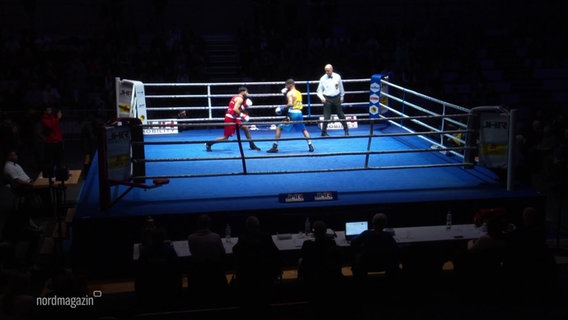 Blick auf einen Boxring, in dem sich Boxer von BC Traktor Schwerin und BC Straubing gegenüberstehen. © Screenshot 