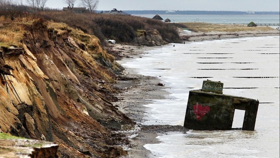 Durch starken Regen hat sich eine Bunkeranlage aus dem Kalten Krieg aus der sandigen Steilküste bei Ahrenshoop gelöst und ist in die Ostsee gestürzt. © Screenshot 