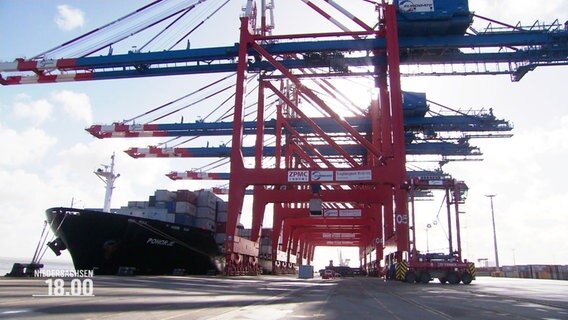 Am Terminal eines Seehafens liegt ein Containerschiff neben großen Hafenkränen. © Screenshot 