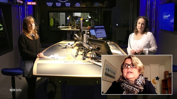 Nina Zimmermann mit Gästen im Studio von NDR Info. Sie moderiert die NDR Info Redezeit. © Screenshot 