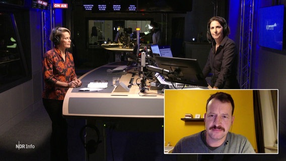Janine Albrecht mit Gästen im Studio von NDR Info. Sie moderiert die NDR Info Redezeit. © Screenshot 