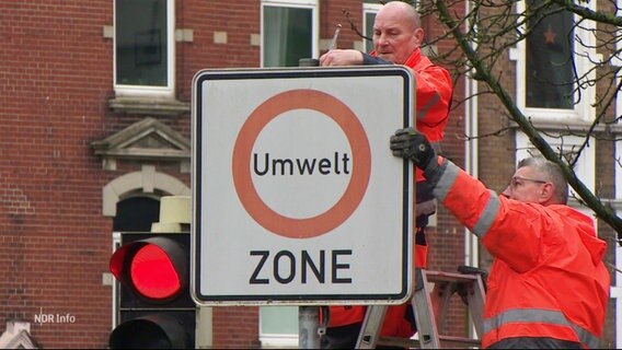 Arbeiter entfernen das Umwelt-Zonen-Verkehrsschild. © Screenshot 