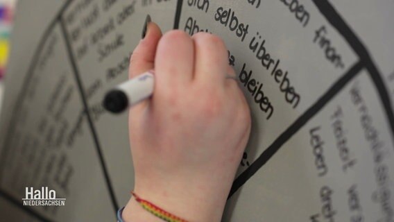 Eine junge Frau trägt an einem Flip Chart Aspekte einer Suchterkrankung in ein Schema ein. © Screenshot 