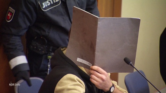 Angeklagter versteckt sein Gesicht hinter einem Aktendeckel. © Screenshot 