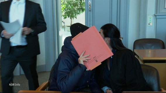 Zwei Personen in einem Gerichtssaal verstecken ihre Gesichter hinter einem Ordner. © Screenshot 