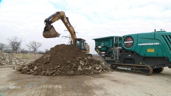 Ein Bagger schaufelt Bauschutt in einen Schredder. © Screenshot 