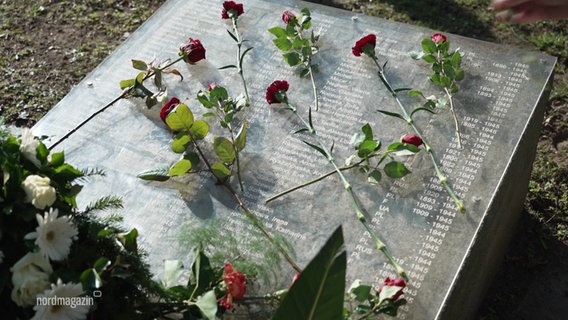Blumen wurde an einem Grabstein zum Gedenken niedergelegt. © Screenshot 