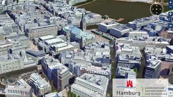Ein Screenshot zeigt einen Ausschnitt aus dem 3D-Stadtmodell, das die Stadt Hamburg online zur Verfügung stellt. © Screenshot 