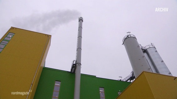 Industrielle Schornsteine ragen über gelb-grünen Gebäuden in den Himmel. © Screenshot 