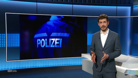 Daniel Anibal Bröckerhoff steht im Studio und moderiert NDR Info 21:45 Uhr. © Screenshot 