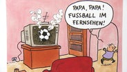 Eine Karikatur im simplen Comiclook: Ein Kind läuft aus dem Wohnzimmer, über ihm eine Sprechblase "Papa, Papa" Fußball im Fernsehen!". In Wohnzimmer steht ein qualmender Fernseher, der einen Fußball im zerbrochen Bildschrim stecken hat. © Screenshot 