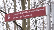 Ein Hinweisschild mit der Aufschrift "Caspar-David-Friedrich-Bildweg Wiesen bei Greifswald". © Screenshot 