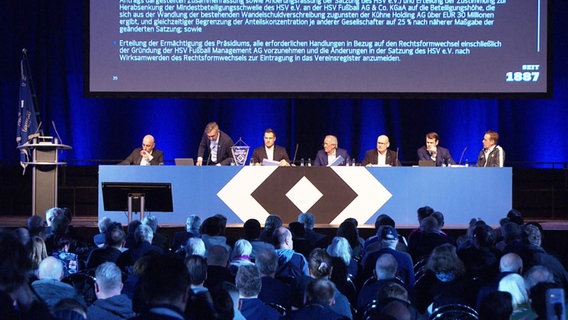 Mehrere Personen sitzen auf einer Bühne an einem Tisch mit HSV-Raute. © Screenshot 