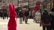 Ein pinker Plüschhase, im Hintergrund ist eine Einkaufsstraße zu sehen. © Screenshot 