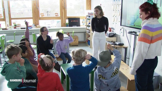 In einem Klassenzimmer sitzen mehrere Kinder und Erwachsene im Kreis und melden sich. © Screenshot 