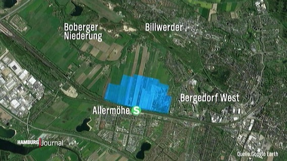 Eine Satellitenaufnahme (Quelle: Google Earth) von der Region Allermöhe. In blau eingezeichnet die Lage, wo das neue Quartier Oberbillwerder entstehen soll. © Screenshot 