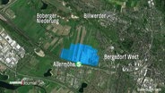 Eine Satellitenaufnahme (Quelle: Google Earth) von der Region Allermöhe. In blau eingezeichnet die Lage, wo das neue Quartier Oberbillwerder entstehen soll. © Screenshot 
