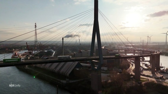 Die Köhlbrandbrücke überspannt Teile des Hamburger Hafengebietes sowie die Elbe. © Screenshot 