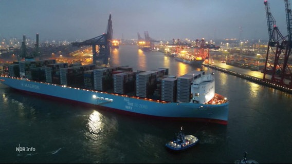 Das Frachtschiff "Ane Maersk" aus der Vogelperspektive im Hamburger Hafen. © Screenshot 