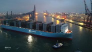 Das Frachtschiff "Ane Maersk" aus der Vogelperspektive im Hamburger Hafen. © Screenshot 