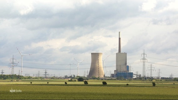 Das Kohlekraftwerk Mehrum aus der Entfernung gesehen. Im Vordergrund ein Feld. © Screenshot 