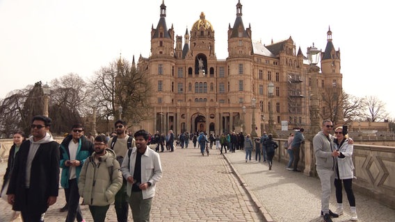 Spaziergänger sind vor dem Schloss Schwerin unterwegs. © Screenshot 