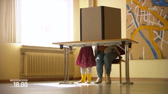 Eine erwachsene Person und ein Kind sind in einer Wahlkabine. © Screenshot 