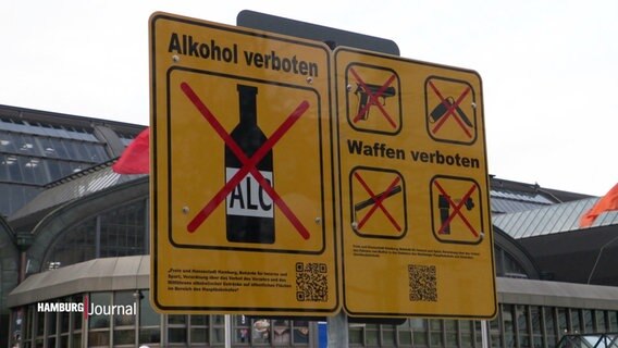 Ein gelbes Verbotsschild am Hamburger Hauptbahnhof. Verboten sind Alkohol und Waffen. © Screenshot 