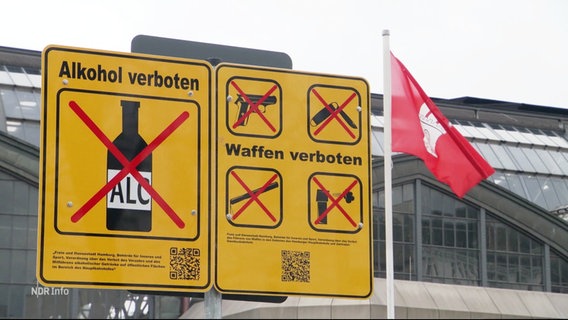 Gelbes Verbotsschild am Hamburger Hauptbahnhof: Verboten sind Alkohol und Waffen. © Screenshot 
