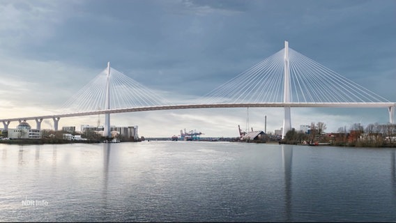 Beispielbild der geplanten neuen Brücke, die die jetzige Köhlbrandbrücke ersetzen soll. © Screenshot 