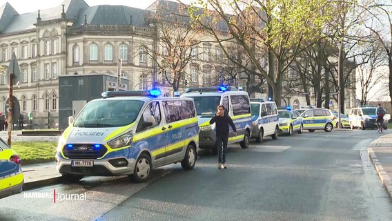 Viele Einsatzfahrzeuge der Polizei parken an einer Straße. © Screenshot 